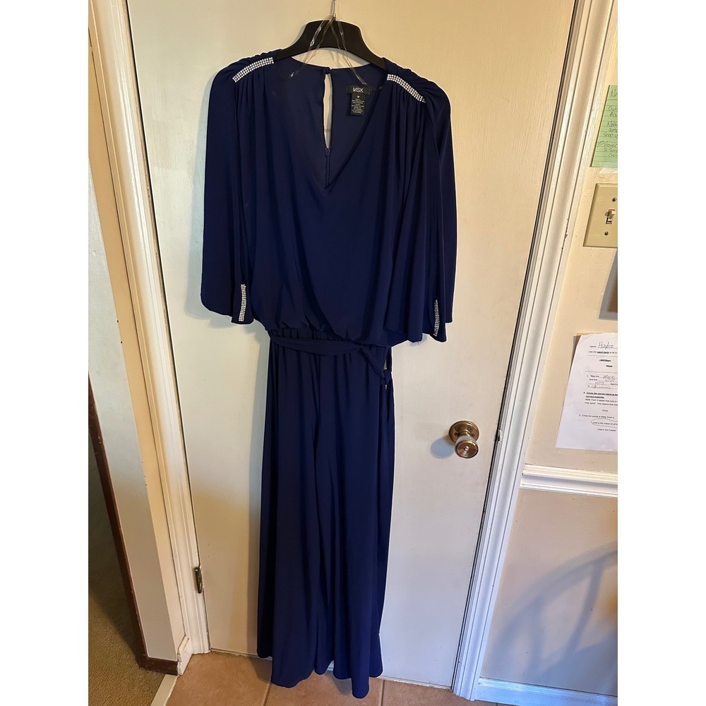 MSK Womens Blue Wide Leg Jumpsuit Rhinestone Embellished Cape Sleeves Belted M